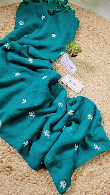 Parijat | Teal Green Mul Mul Cotton Saree