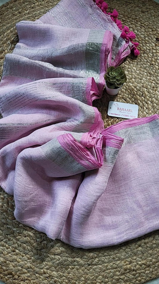 Woodland Whispers | Pastel Pink Pure Linen Saree