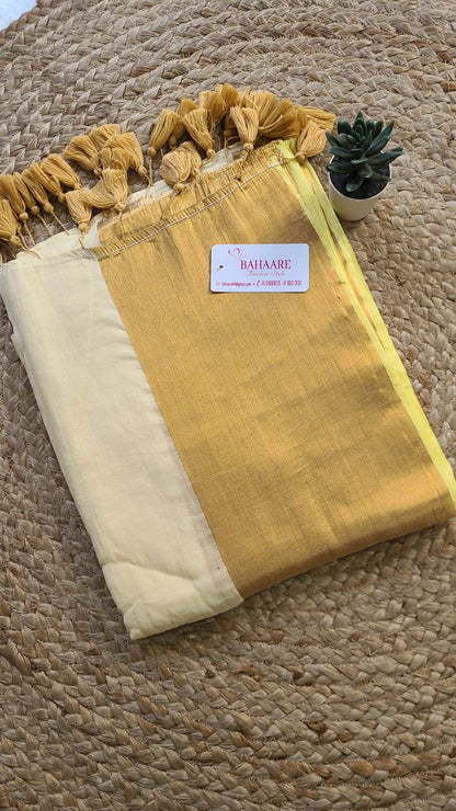 Mohini | Light Gold Mul Mul Cotton Saree with Golden Tissue Border