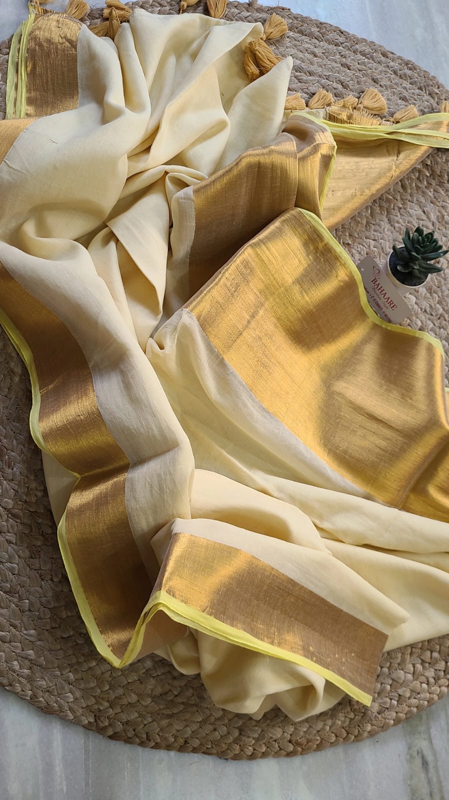 Mohini | Light Gold Mul Mul Cotton Saree with Golden Tissue Border