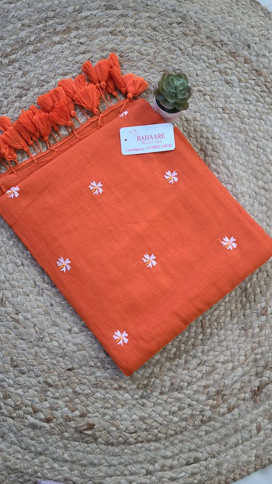 Parijat | Orange Mul Mul Cotton Saree