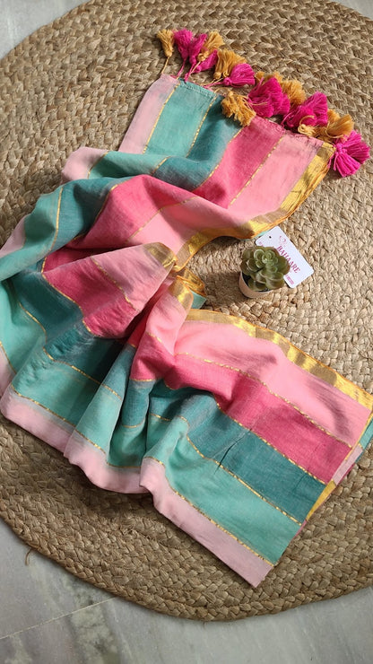 Mohini | Multicoloured Mul Mul Cotton Saree with Golden Tissue Border