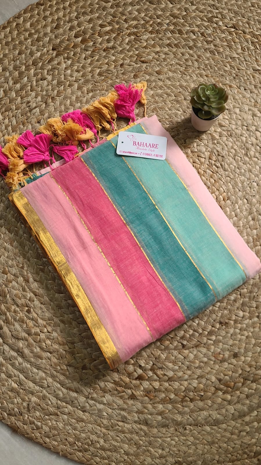 Mohini | Multicoloured Mul Mul Cotton Saree with Golden Tissue Border