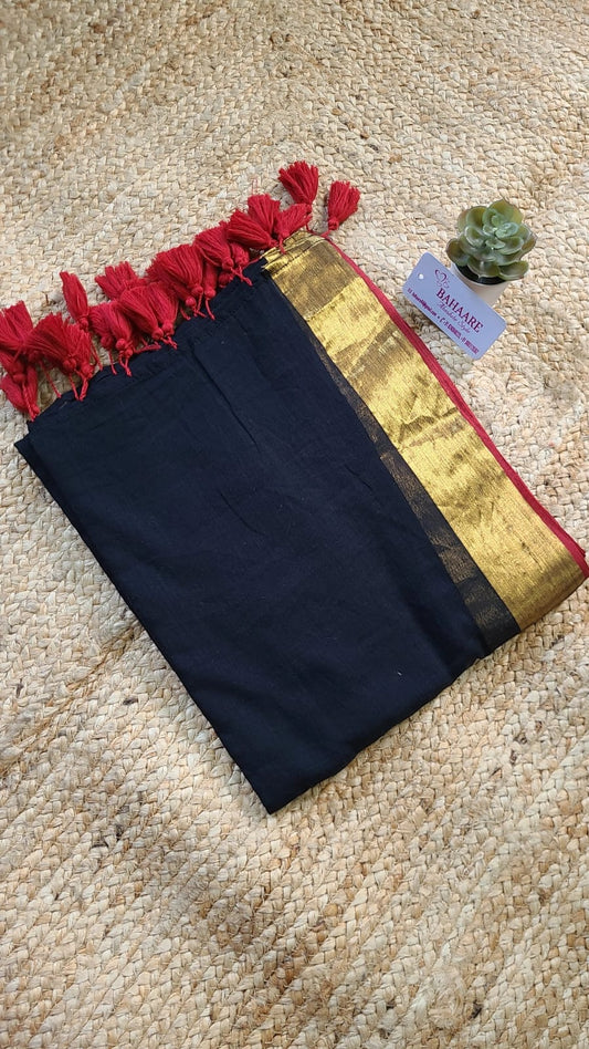 Mohini | Black Mul Mul Cotton Saree with Golden Tissue Border