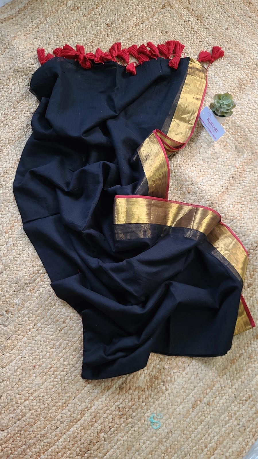 Mohini | Black Mul Mul Cotton Saree with Golden Tissue Border