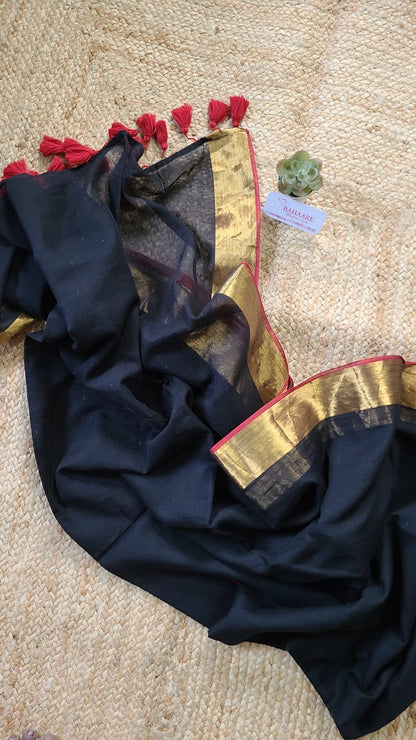 Mohini | Black Mul Mul Cotton Saree with Golden Tissue Border