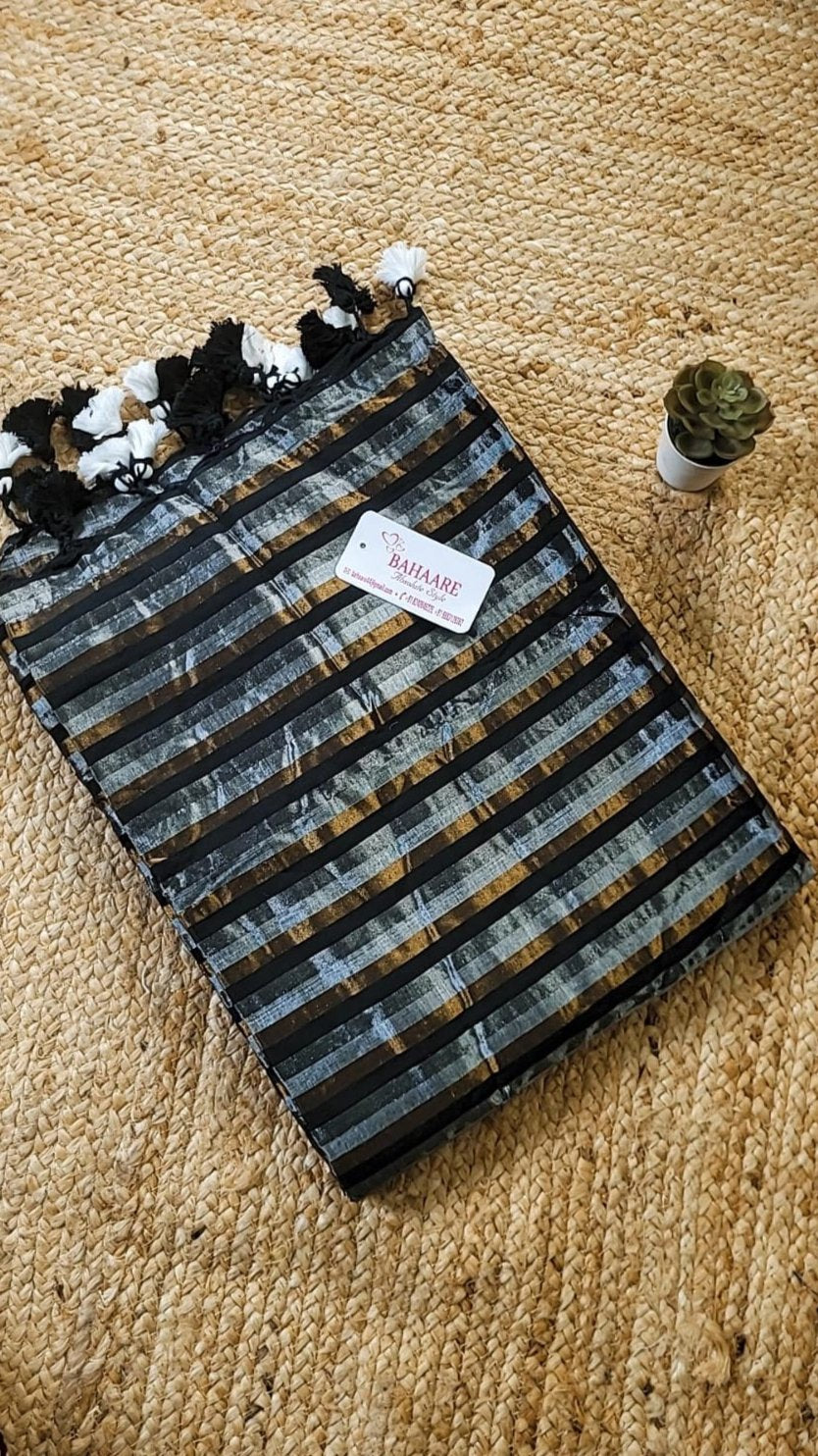 Afreen | Silver, Copper and Black Striped Kanjivaram Tissue Silk Saree