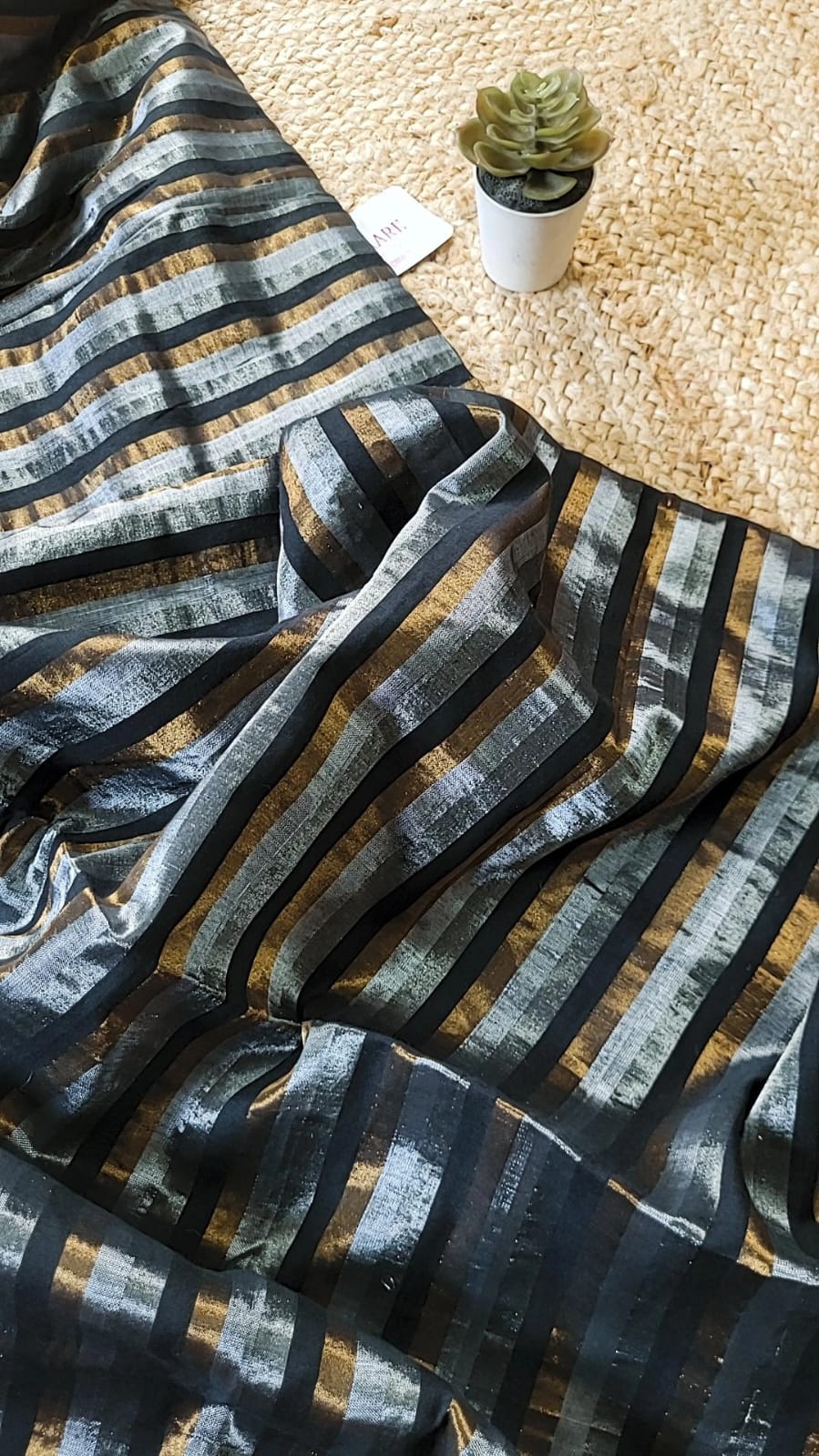 Afreen | Silver, Copper and Black Striped Kanjivaram Tissue Silk Saree