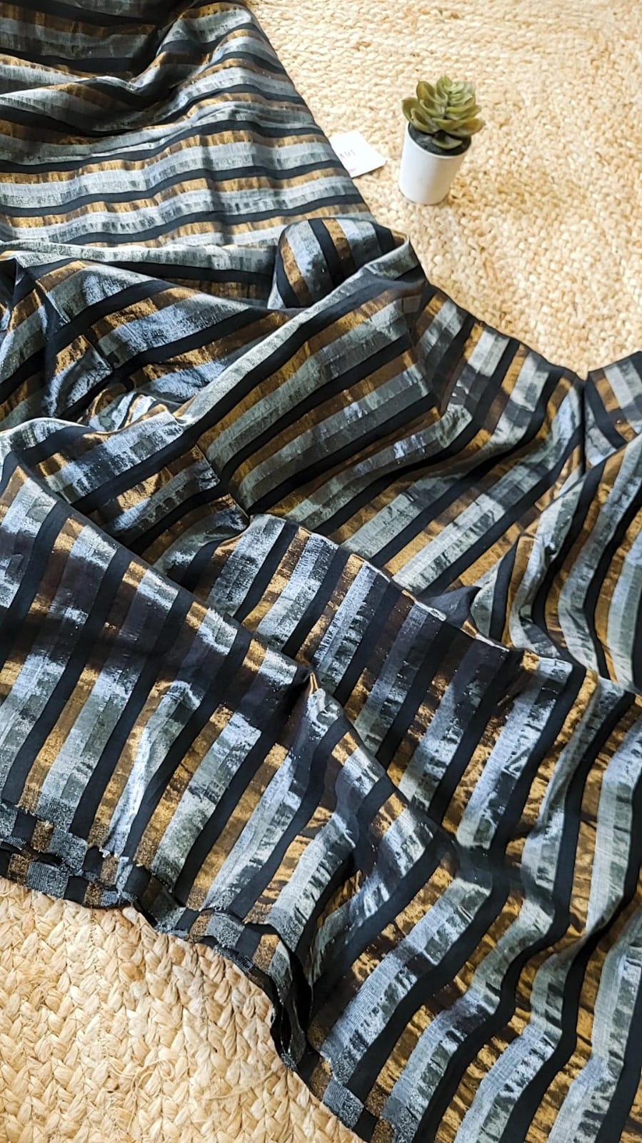 Afreen | Silver, Copper and Black Striped Kanjivaram Tissue Silk Saree