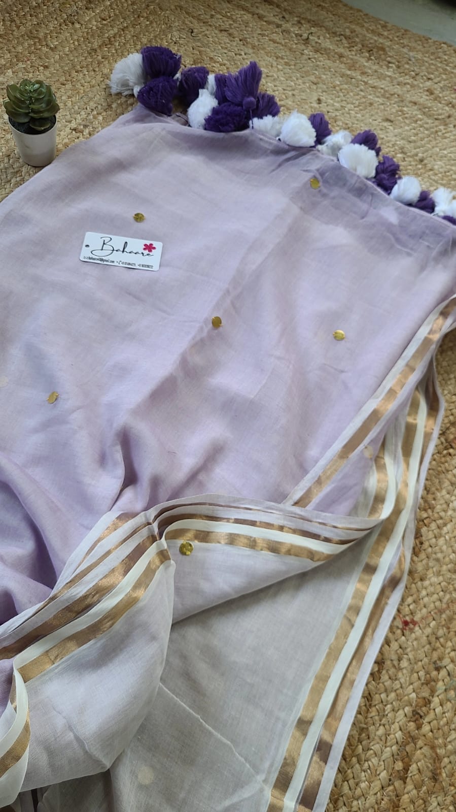 Shimmering Starlight | Wisteria Purple Mul Mul Cotton Saree with Fluffy Pompoms