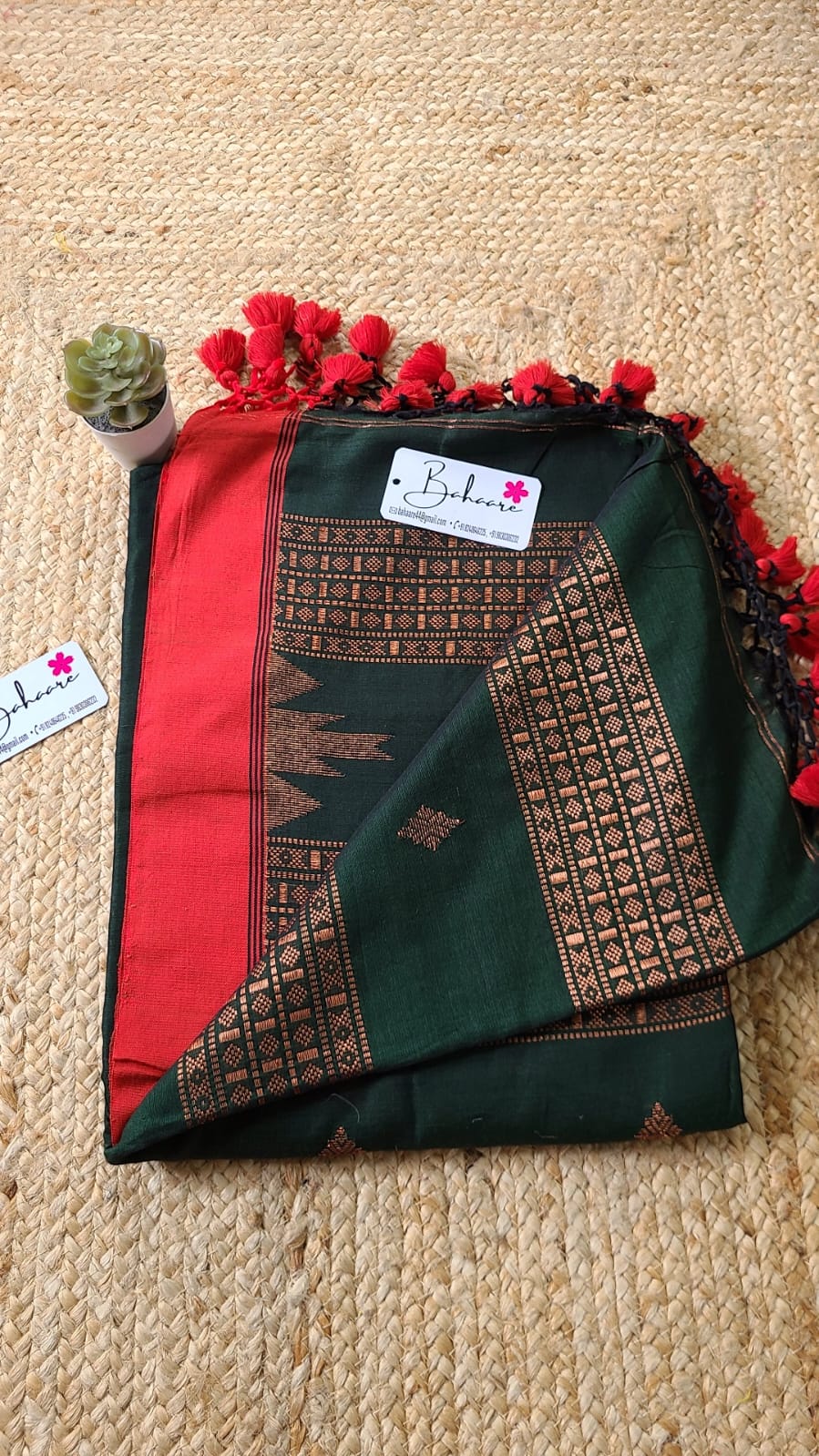 Cotton Galleria | Forest Green Premium Cotton Saree with Copper Zari