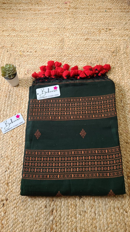 Cotton Galleria | Forest Green Premium Cotton Saree with Copper Zari