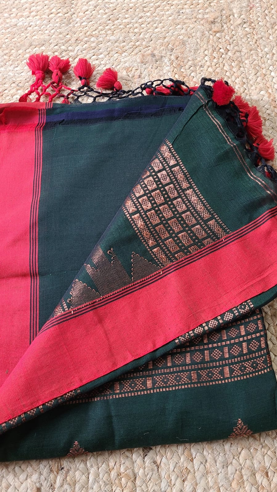 Cotton Galleria | Forest Green Premium Cotton Saree with Copper Zari