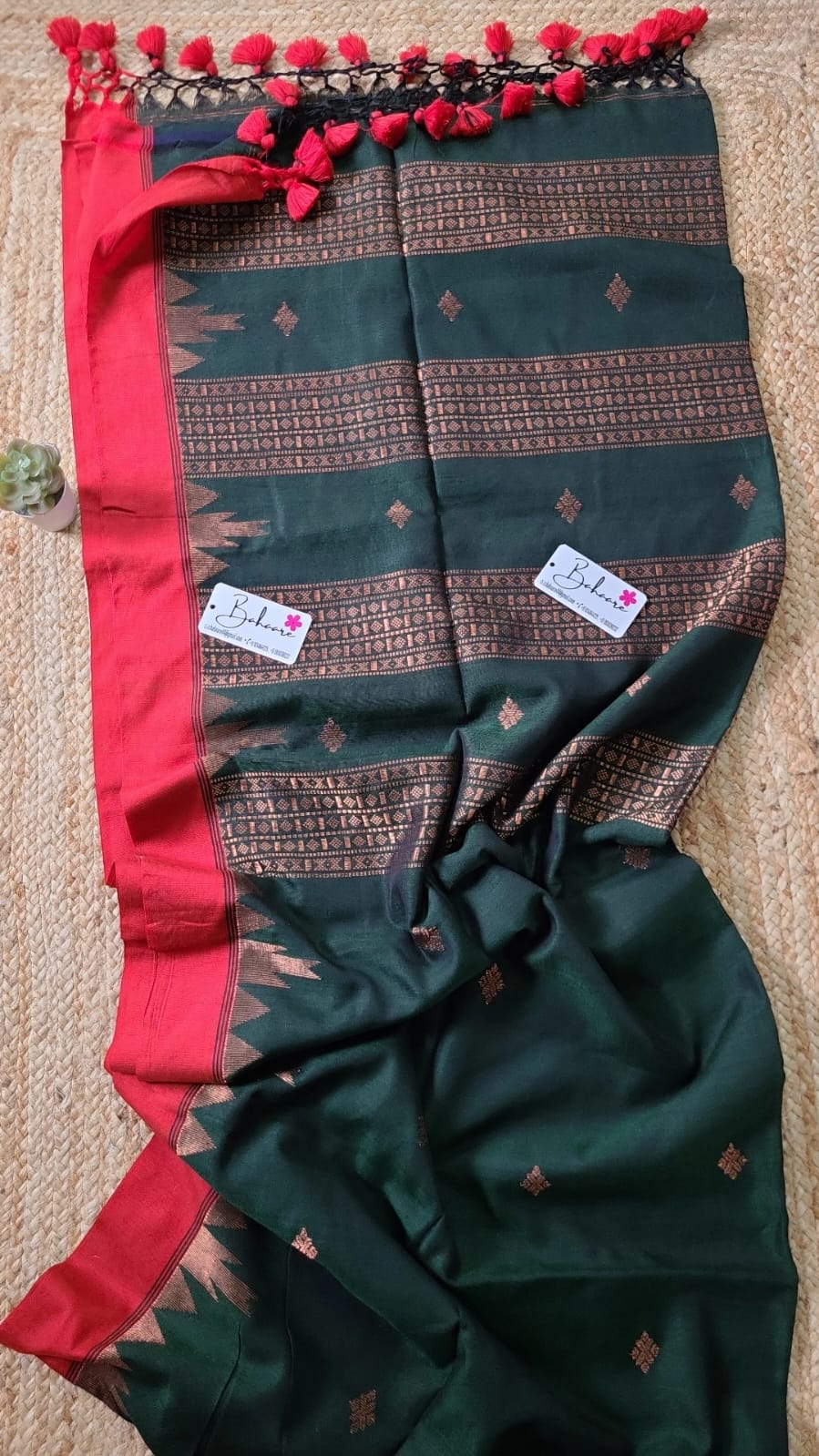 Cotton Galleria | Forest Green Premium Cotton Saree with Copper Zari