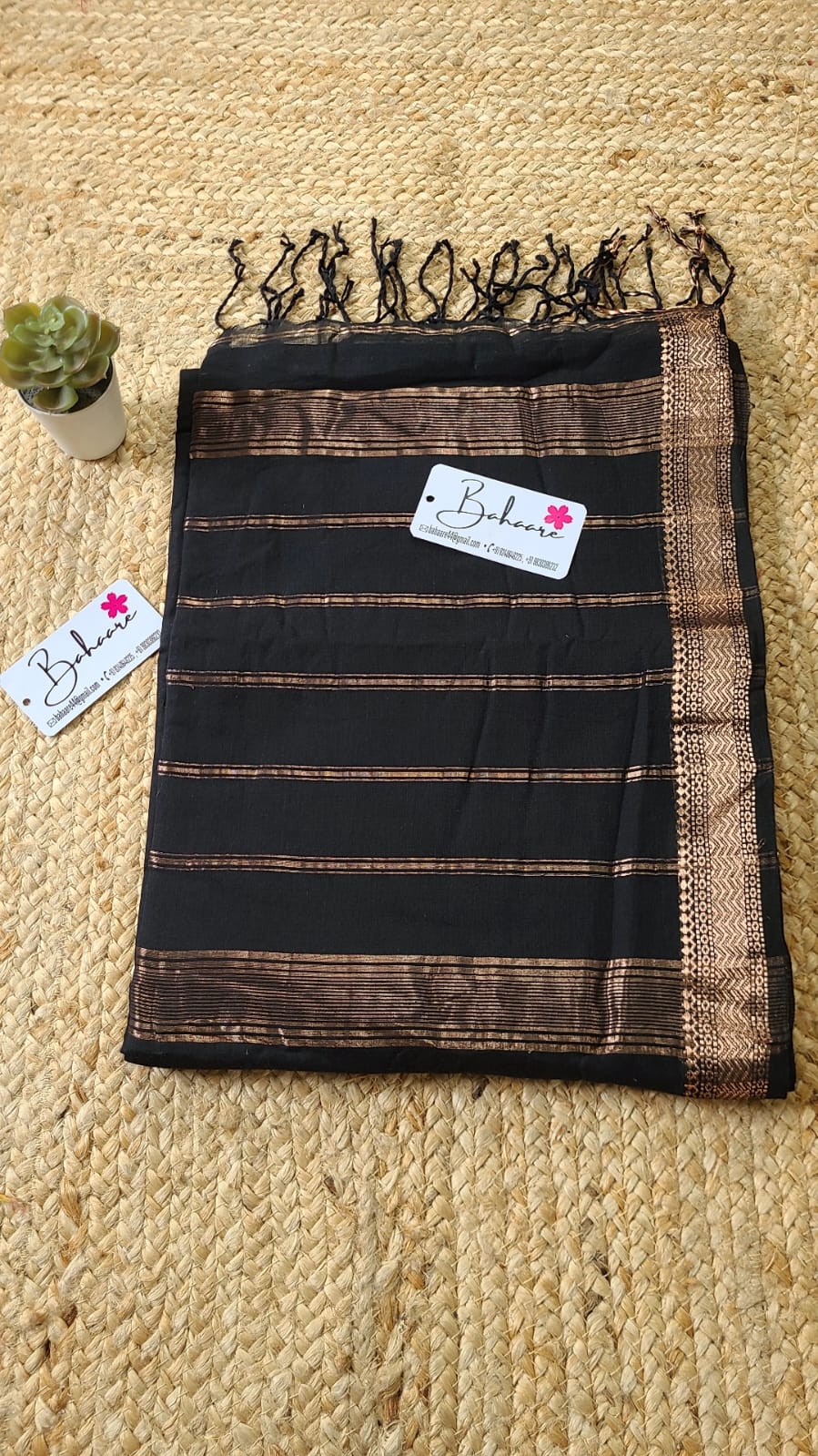 Cotton Galleria | Charcoal Black Premium Cotton Saree with Gold Border