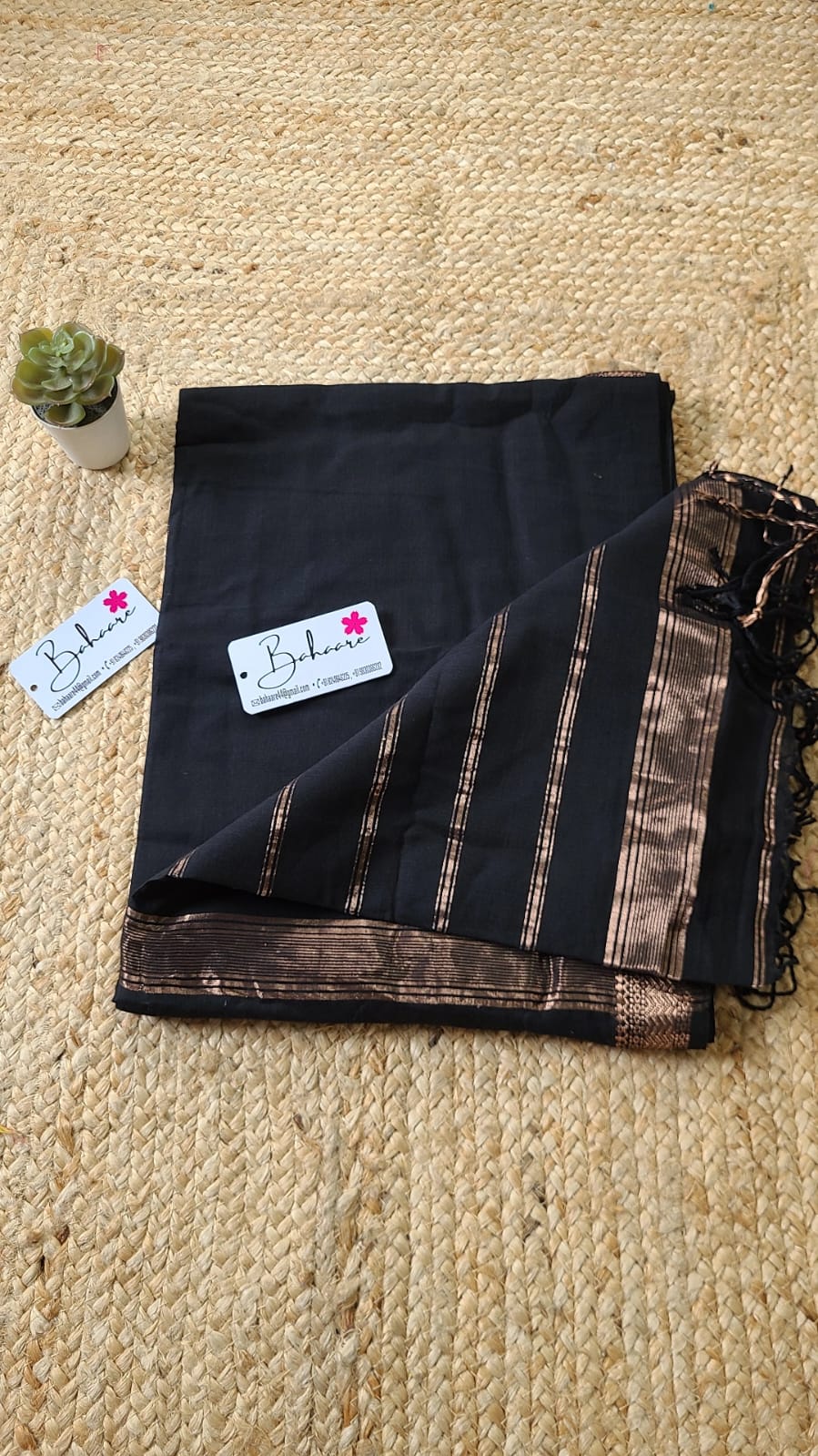 Cotton Galleria | Charcoal Black Premium Cotton Saree with Gold Border