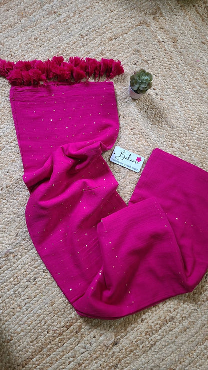 Shimmering Starlight | Bright Pink Sequin Mul Mul Cotton Saree