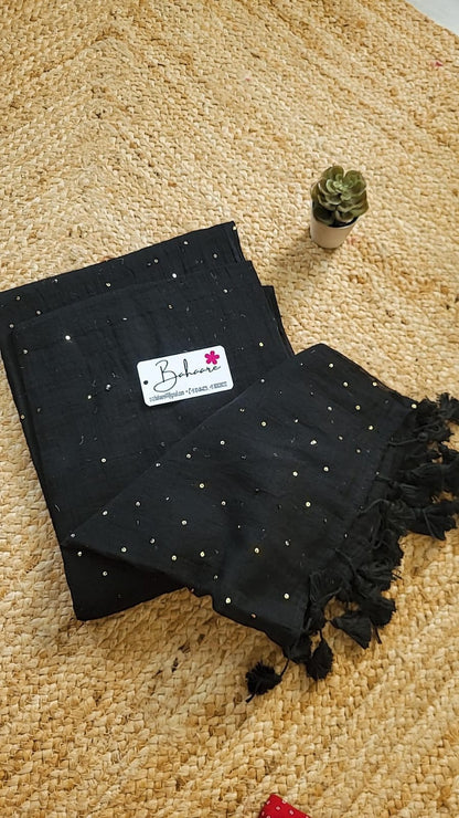 Shimmering Starlight | Black Sequin Mul Mul Cotton Saree