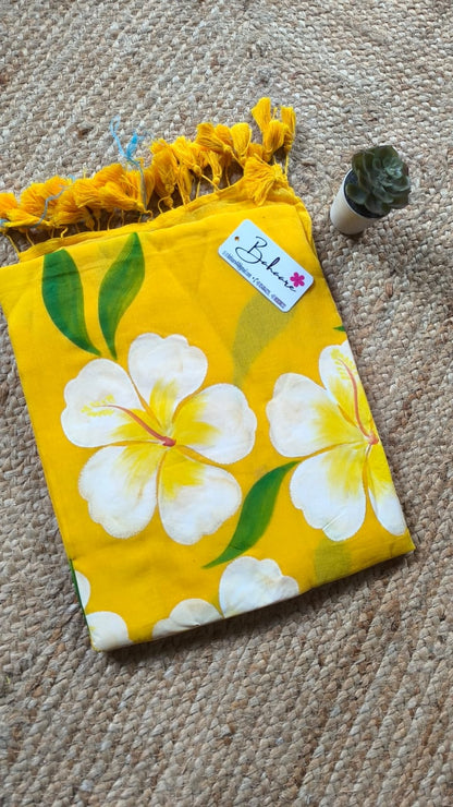 Exotic Hibiscus | Yellow Mul Mul Cotton Saree