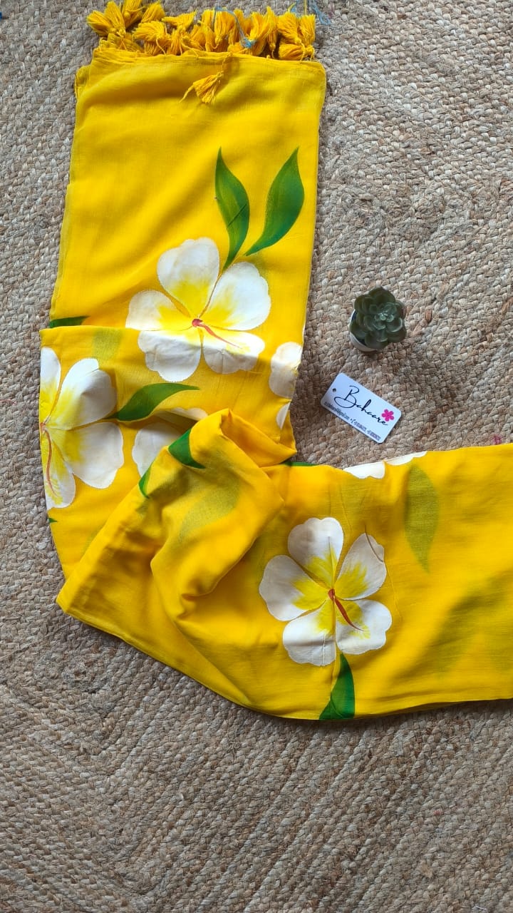 Exotic Hibiscus | Yellow Mul Mul Cotton Saree