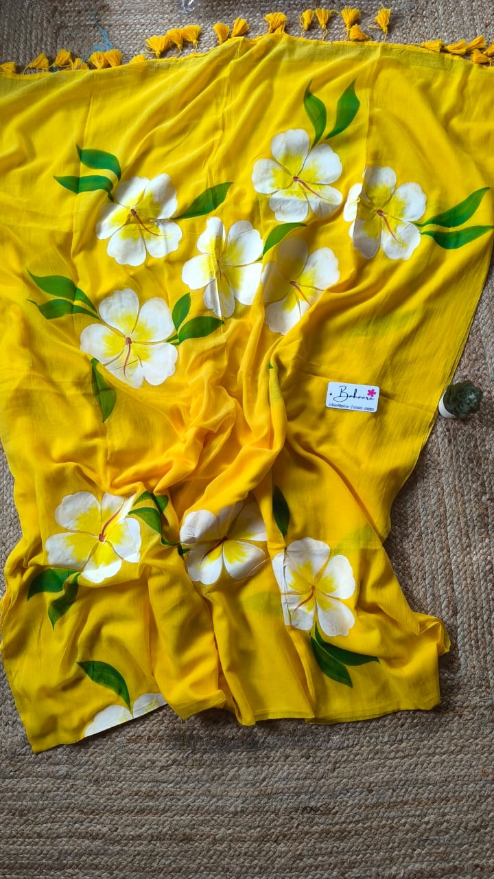 Exotic Hibiscus | Yellow Mul Mul Cotton Saree