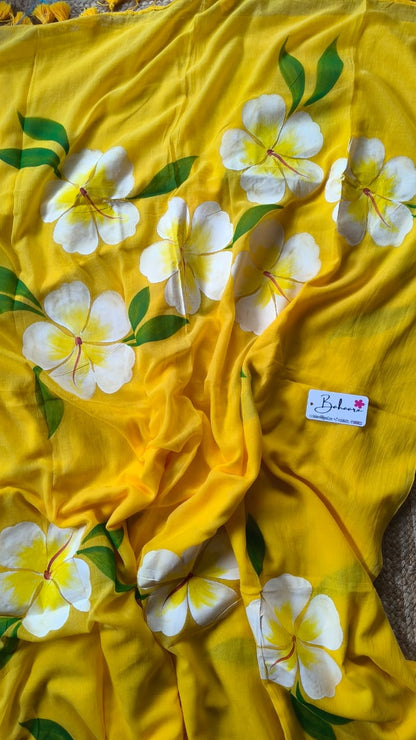 Exotic Hibiscus | Yellow Mul Mul Cotton Saree