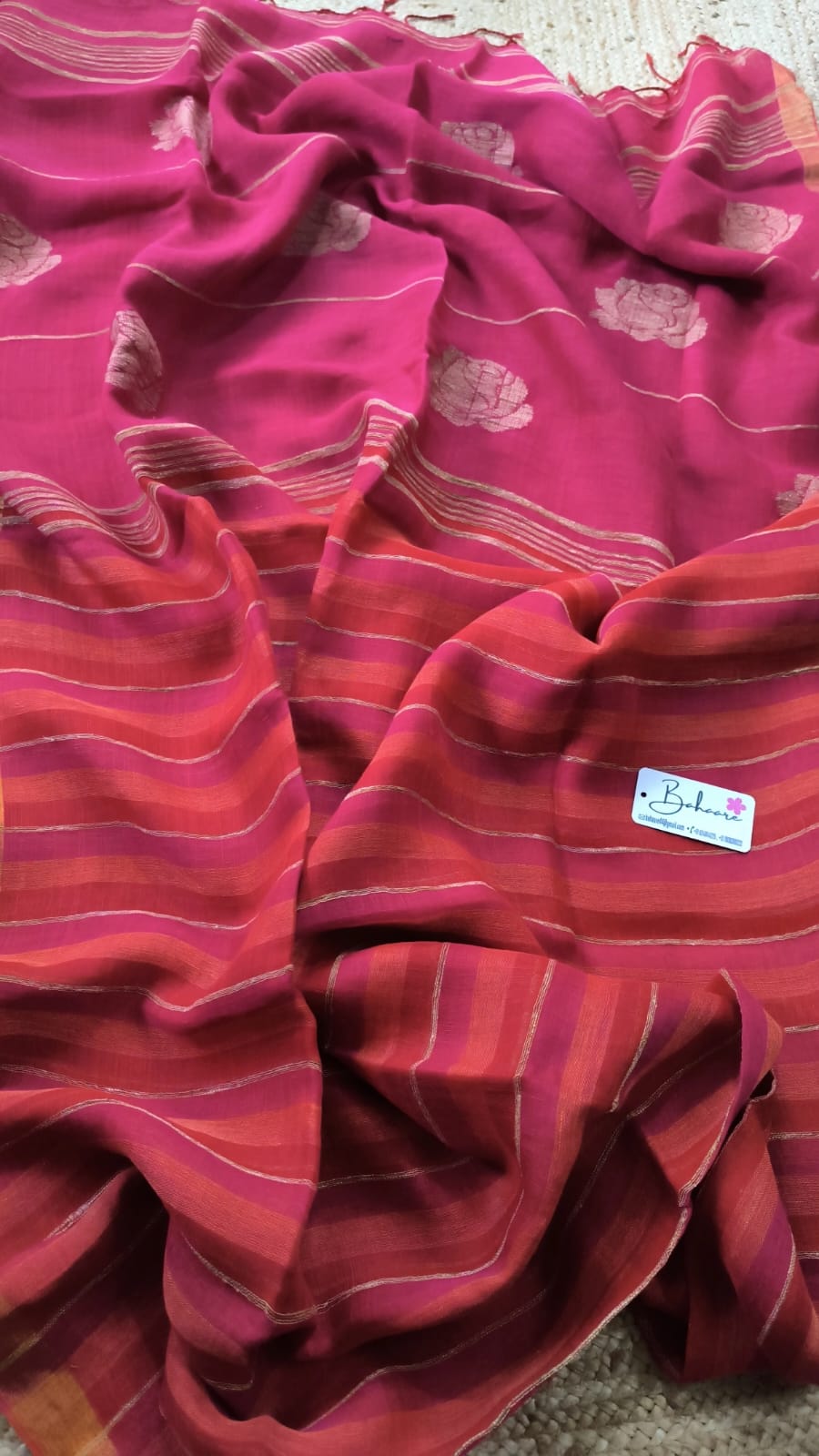 Woodland Whispers | Fuchsia Pink and Orange Linen Saree