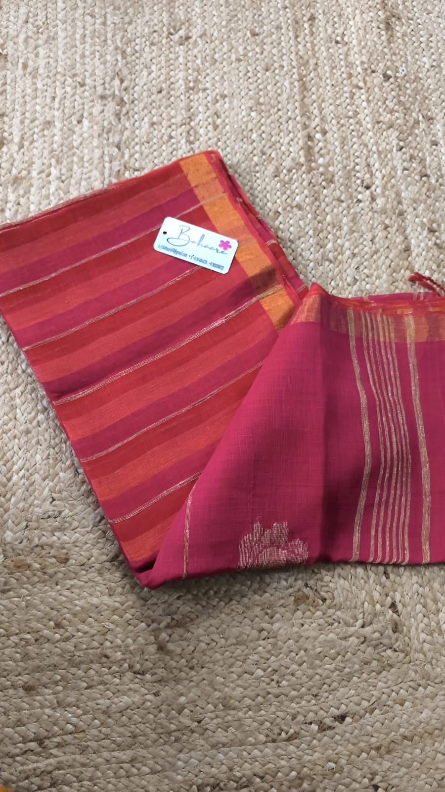 Woodland Whispers | Fuchsia Pink and Orange Linen Saree