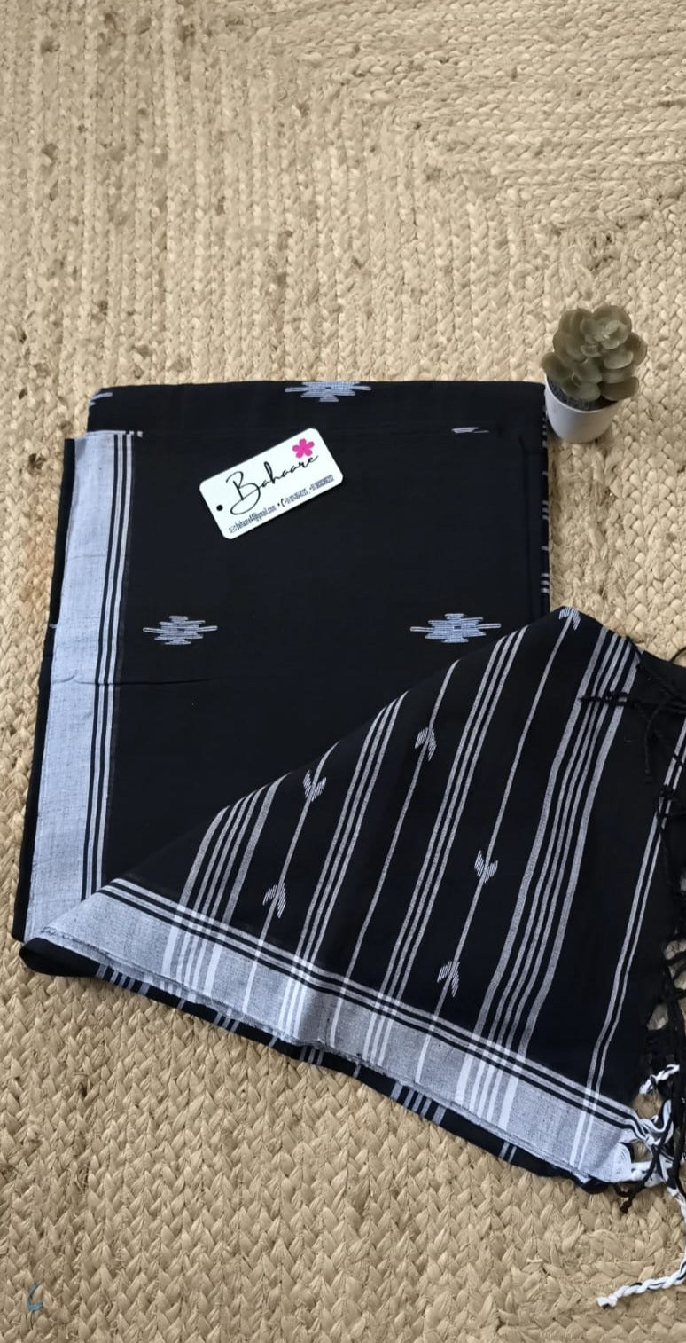 Cotton Galleria | Ebony Black Premium Cotton Jamdani Saree