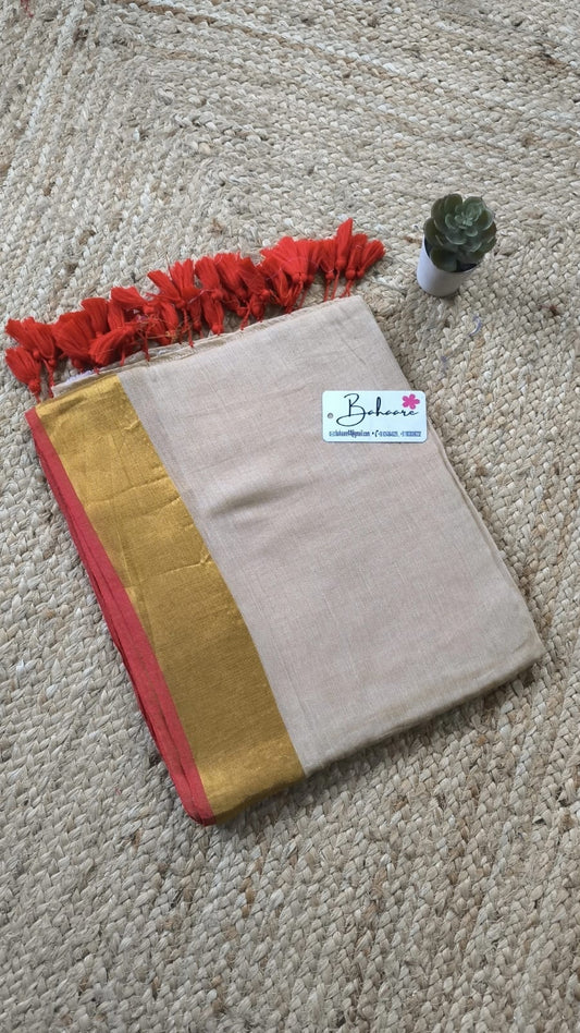 Mohini | Beige Mul Mul Cotton Saree with Golden Tissue Border