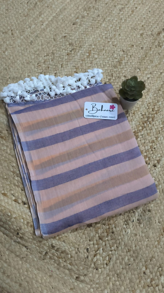 Mohini | Pastel Beige Stripe Mul Mul Cotton Saree