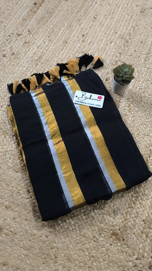 Mohini | Onyx Black Mul Mul Cotton Saree with Golden and Silver Zari Stripe