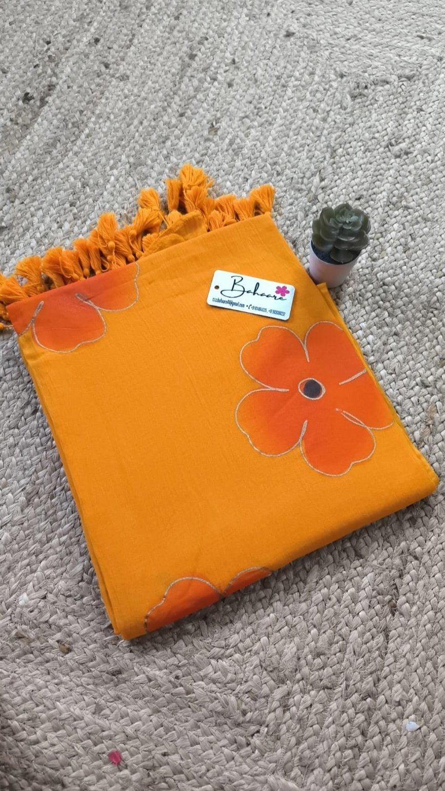 Exotic Zinnia | Orange Mul Mul Cotton Saree