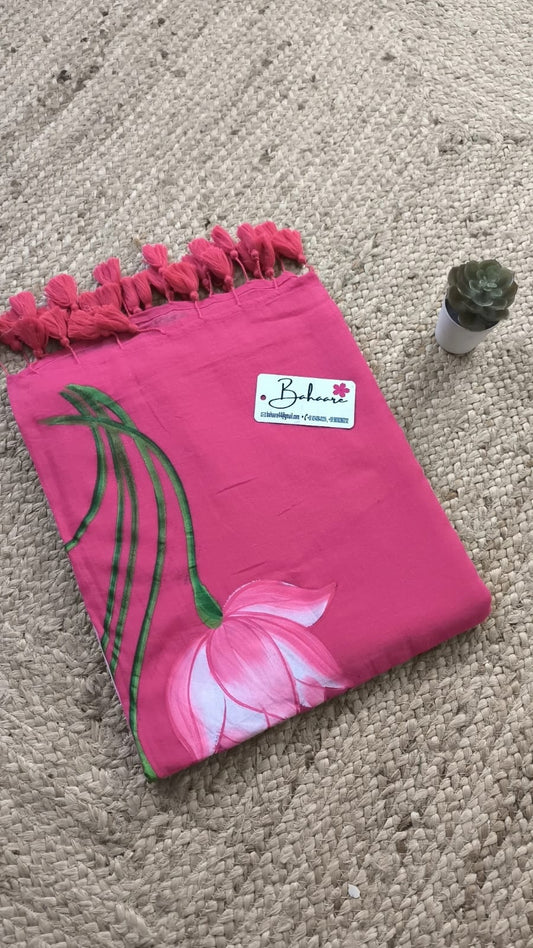 Lotus Luminance | Strawberry Pink Mul Mul Cotton Saree