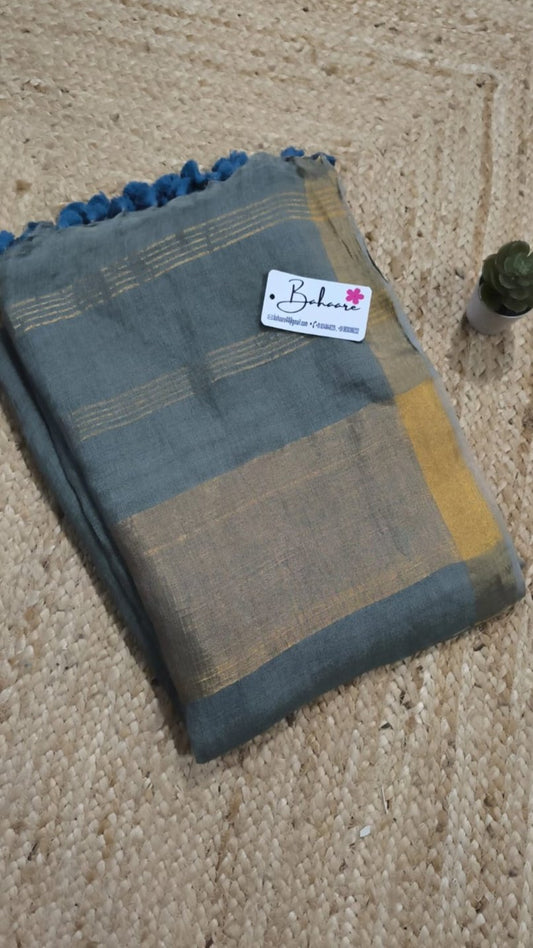 Woodland Whispers | Pastel Grey Linen Saree with Golden Zari Border