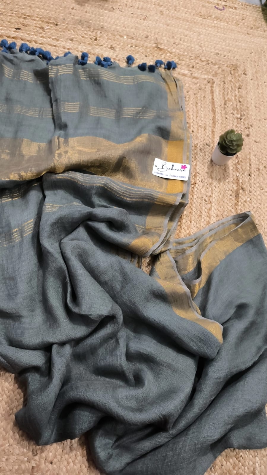 Woodland Whispers | Pastel Grey Linen Saree with Golden Zari Border