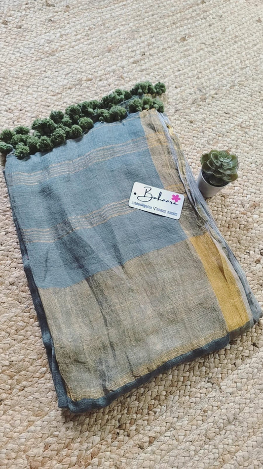 Woodland Whispers | Olive Grey Linen Saree with Golden Zari Border