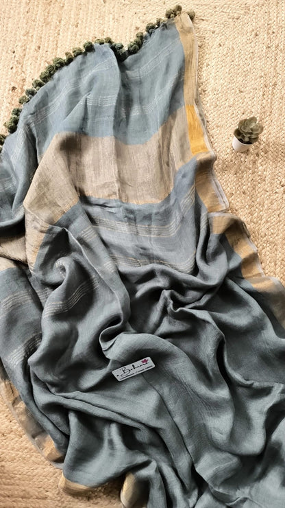 Woodland Whispers | Olive Grey Linen Saree with Golden Zari Border