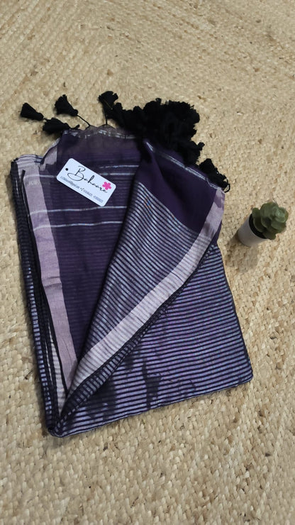Cotton Galleria | Indigo Purple Premium Cotton Saree with Silver Zari Border