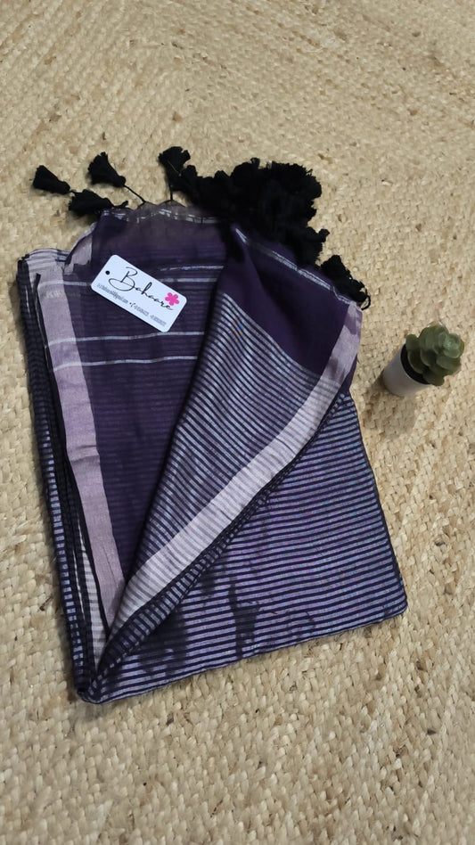 Cotton Galleria | Indigo Purple Premium Cotton Saree with Silver Zari Border
