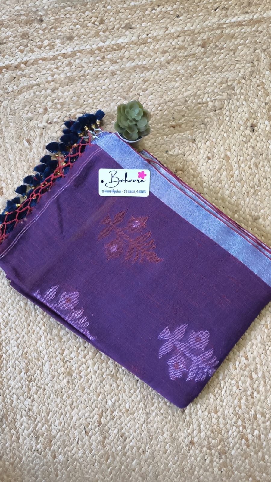 Woodland Whispers | Purple Maroon Dual tone Linen Saree with Silver Zari Border