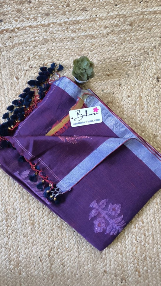 Woodland Whispers | Purple Maroon Dual tone Linen Saree with Silver Zari Border