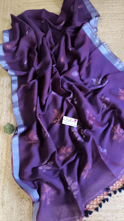 Woodland Whispers | Purple Maroon Dual tone Linen Saree with Silver Zari Border