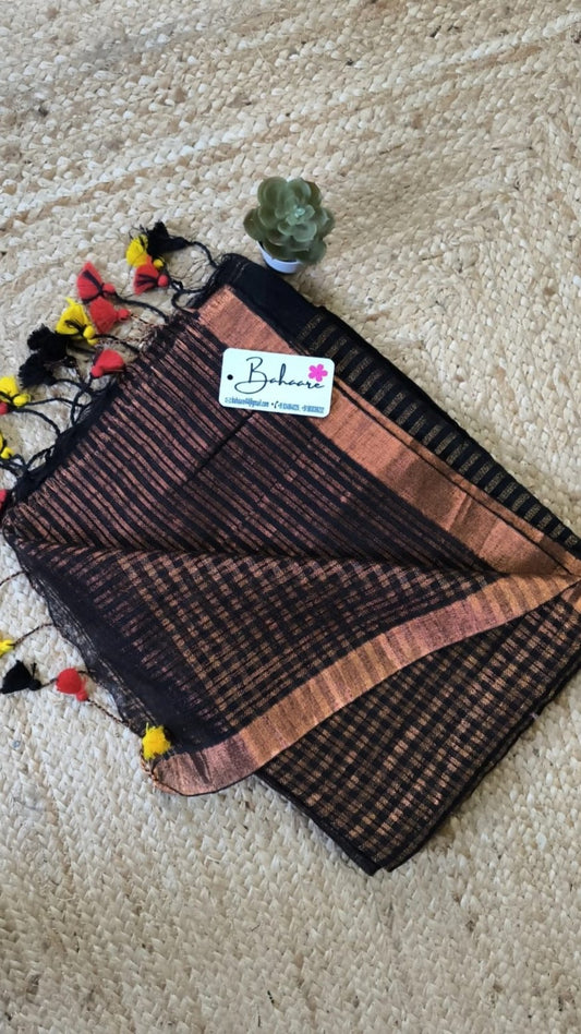 Woodland Whispers | Ebony Black Linen Saree with Golden Zari Border