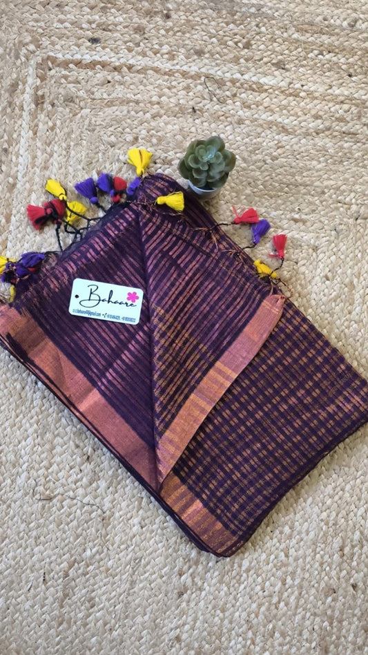 Woodland Whispers | Indigo Purple Linen Saree with Golden Zari Border