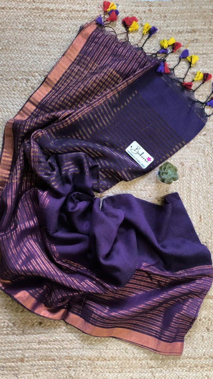 Woodland Whispers | Indigo Purple Linen Saree with Golden Zari Border