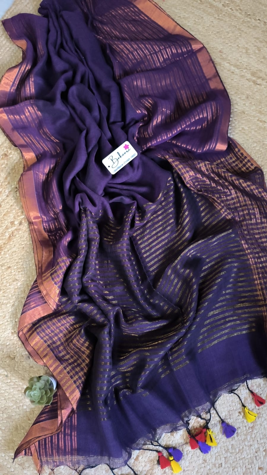 Woodland Whispers | Indigo Purple Linen Saree with Golden Zari Border