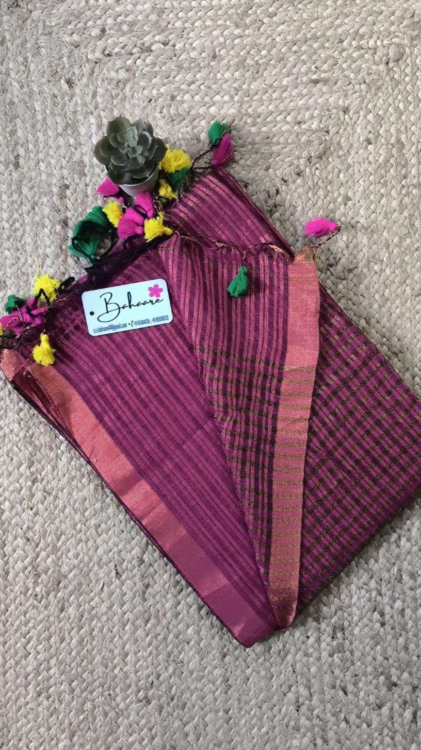 Woodland Whispers | Magenta Linen Saree with Copper Zari Border