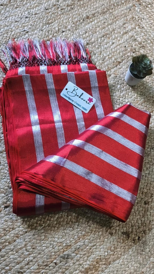 Chandni | Red Tissue Saree with Silver Horizontal Stripe