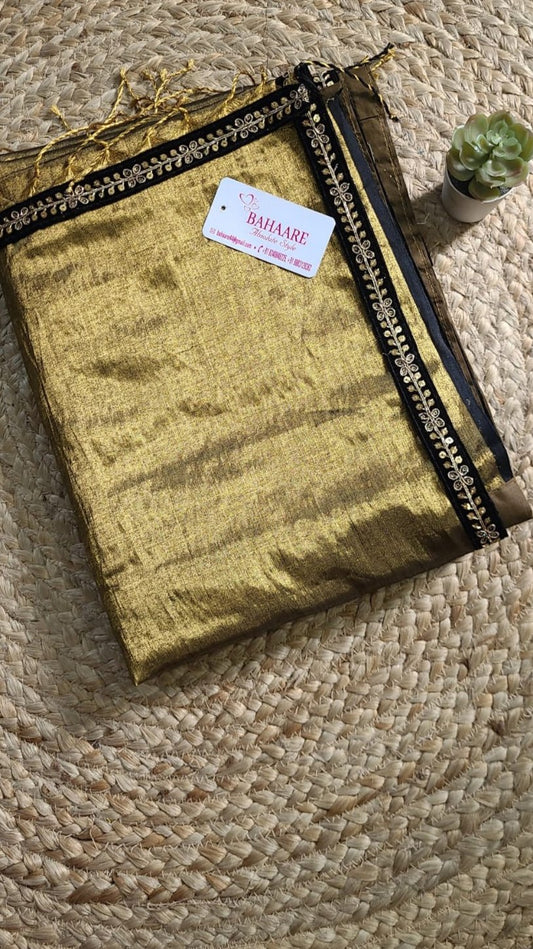 Chandni | Antique Gold Tissue Saree with Velvet Zari Lace